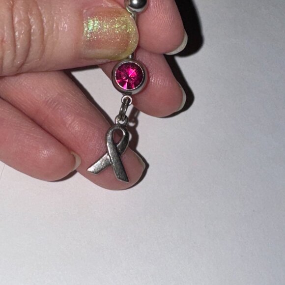Hot Pink Awareness Ribbon Dangle Belly Ring - Picture 10 of 10